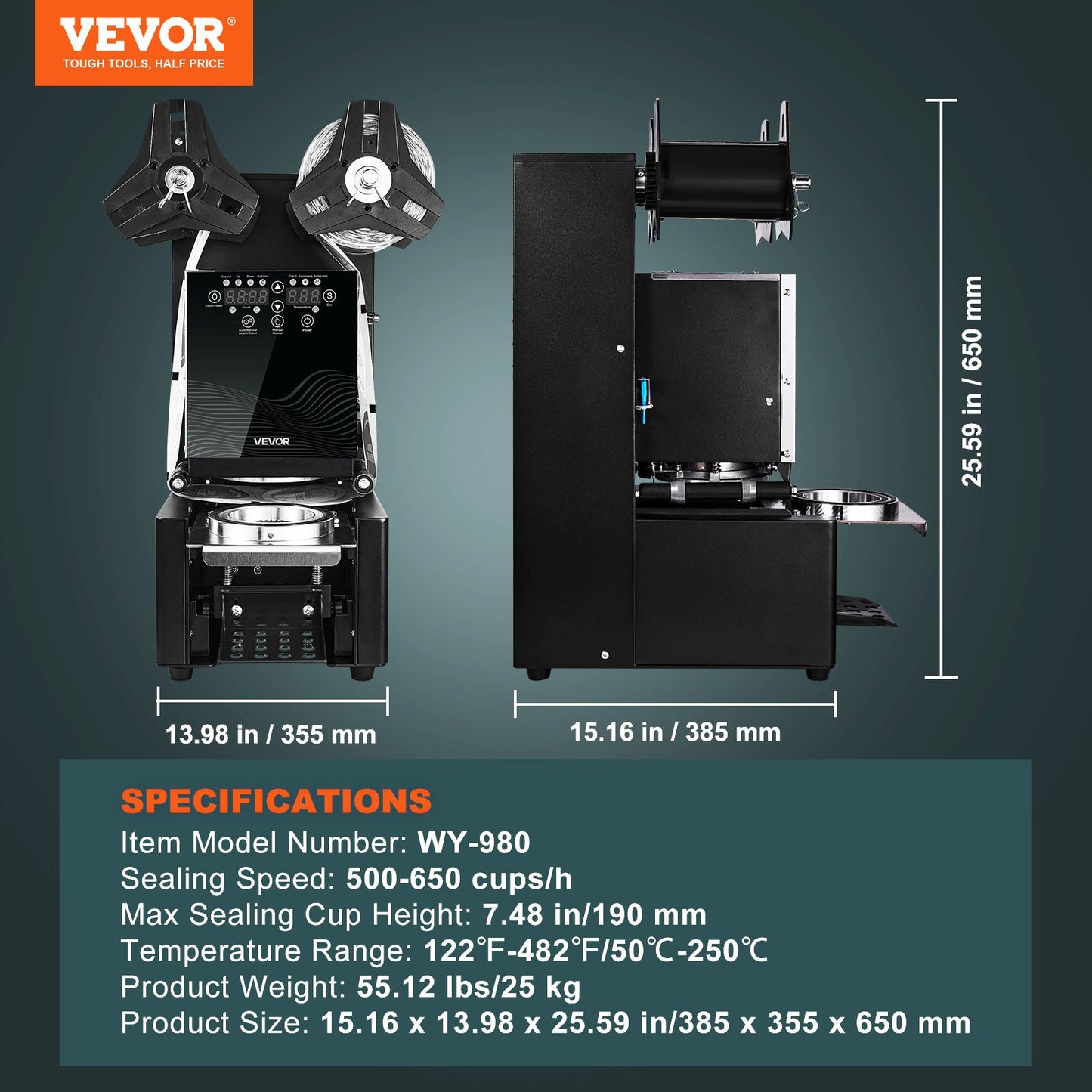 Vollautomatische Becherversiegelungsmaschine, 500–650 Becher/h, geeignet für Becher bis 190 mm Höhe und 90/95 mm Durchmesser, elektrische Boba-Tee-Versiegelungsmaschine mit digitalem LCD-Bedienfeld für Bubble Tea, Schwarz