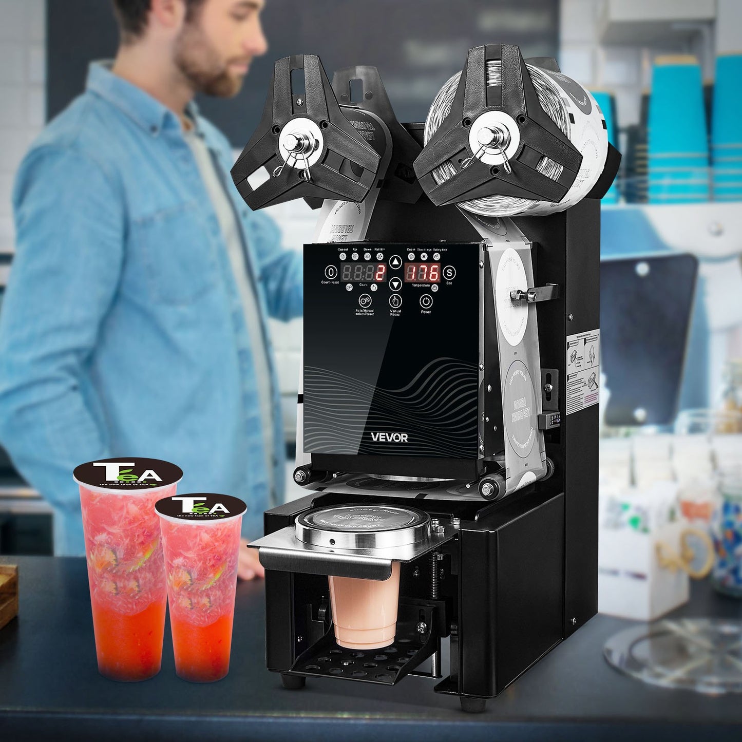 Vollautomatische Becherversiegelungsmaschine, 500–650 Becher/h, geeignet für Becher bis 190 mm Höhe und 90/95 mm Durchmesser, elektrische Boba-Tee-Versiegelungsmaschine mit digitalem LCD-Bedienfeld für Bubble Tea, Schwarz