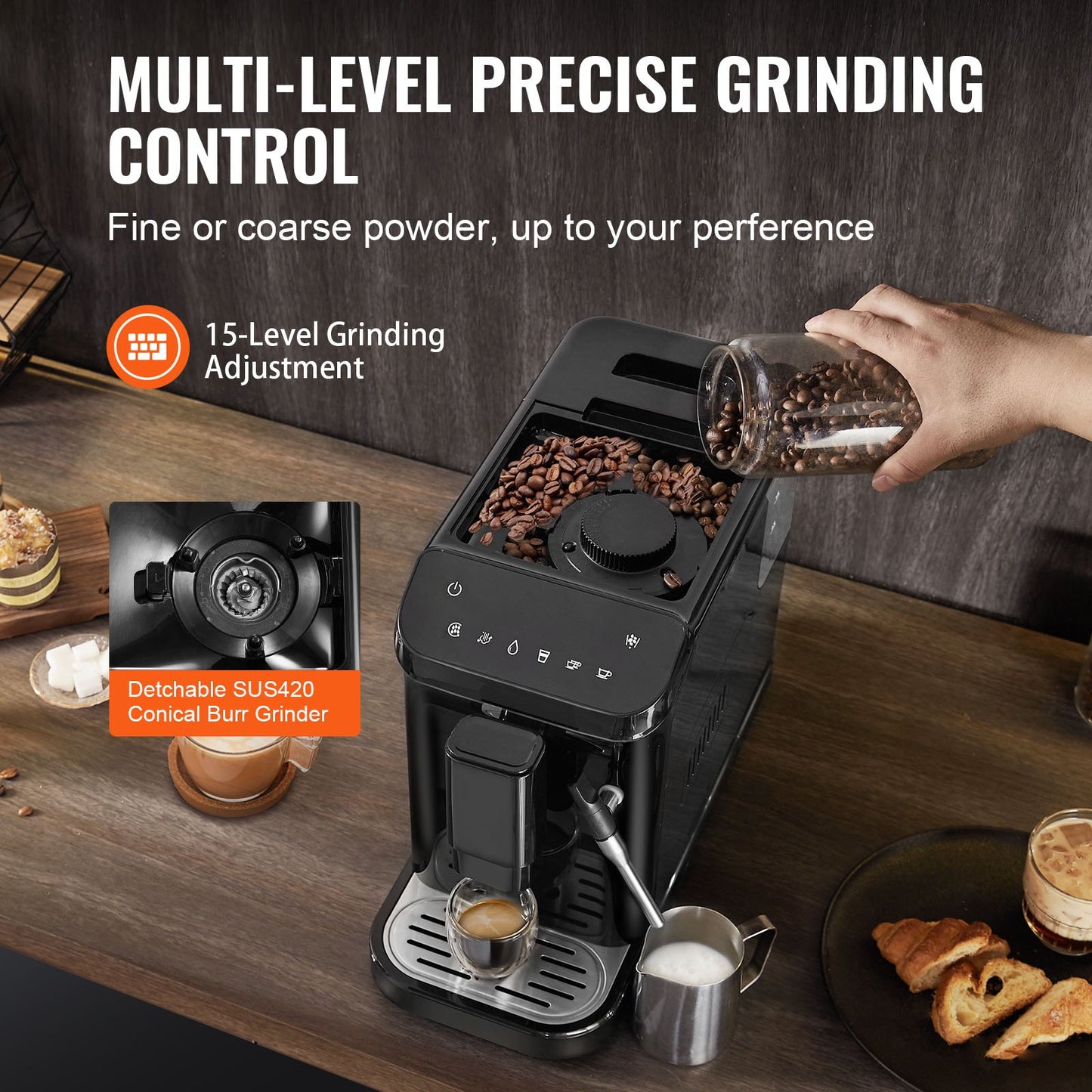 Automatische Espressomaschine, 20-Bar-Kaffeevollautomat mit Milchaufschäumdüse, integriertem Mahlwerk und 15 Mahlgradeinstellungen, professionelle Espressomaschine mit 1,5-Liter-Wassertank