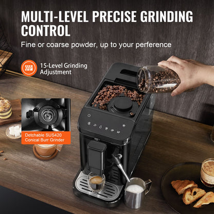 Automatische Espressomaschine, 20-Bar-Kaffeevollautomat mit Milchaufschäumdüse, integriertem Mahlwerk und 15 Mahlgradeinstellungen, professionelle Espressomaschine mit 1,5-Liter-Wassertank