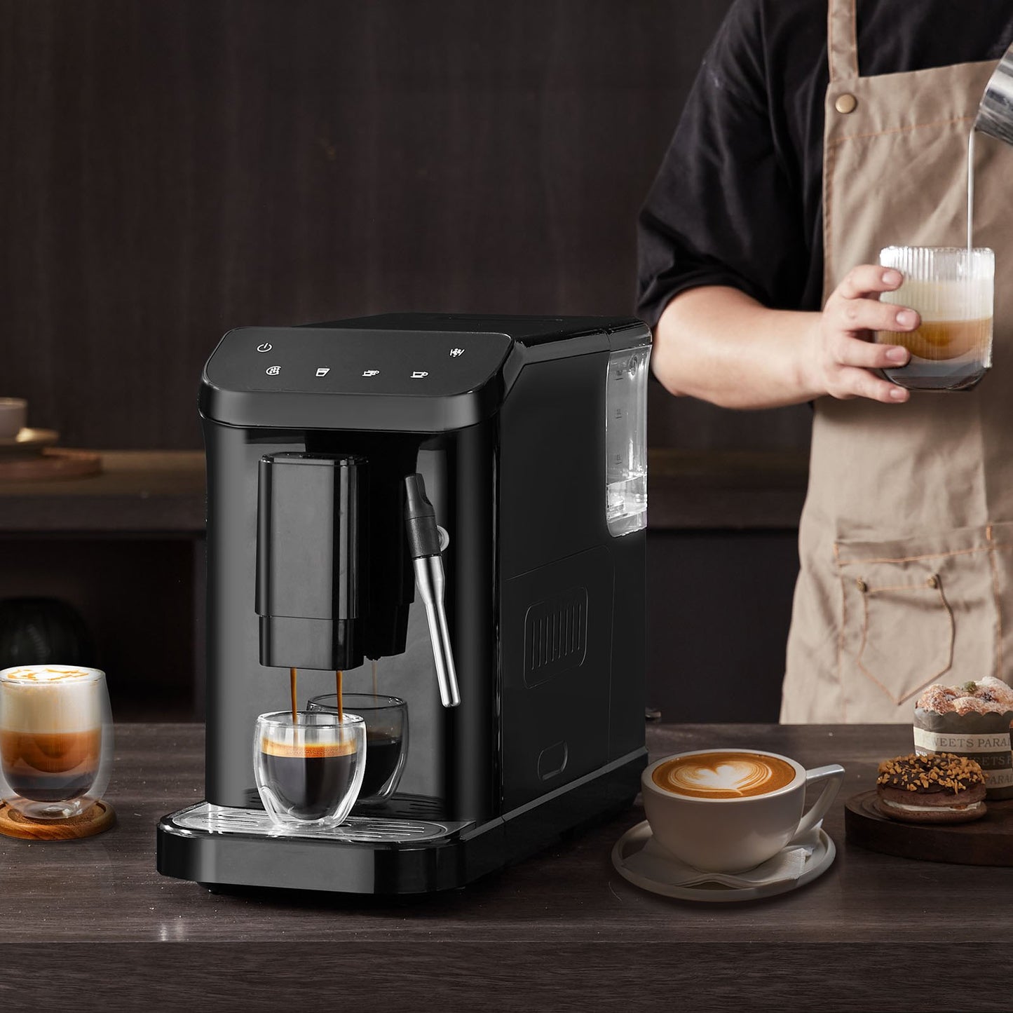 Automatische Espressomaschine, 20-Bar-Kaffeevollautomat mit Milchaufschäumdüse, integriertem Mahlwerk und 15 Mahlgradeinstellungen, professionelle Espressomaschine mit 1,5-Liter-Wassertank