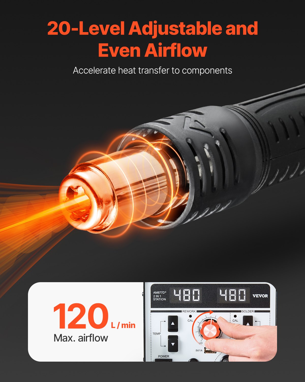 2-in-1 Heißluft-Löt- und Reparaturstation, 820 W, Digitalanzeige, 5-V-USB-Ladeanschluss, einstellbare Temperatur und Luftmenge, 3 Heißluftdüsen, 5 Lötspitzen