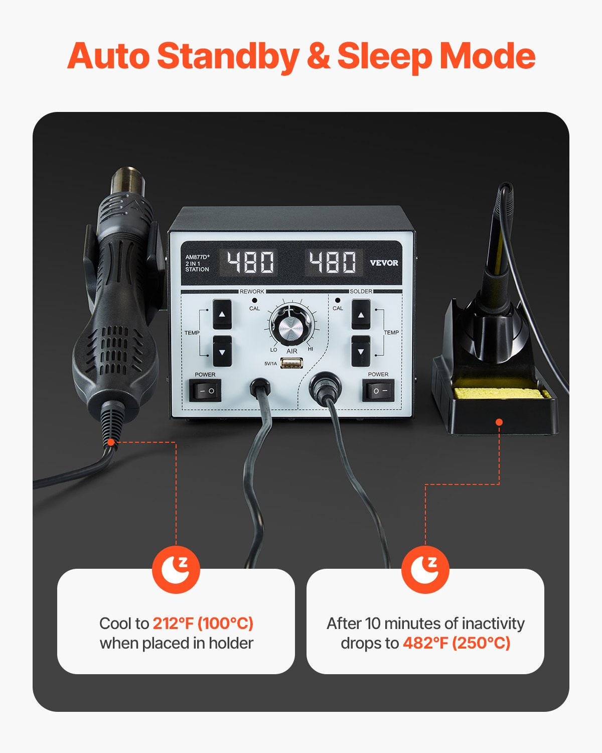 2-in-1 Heißluft-Löt- und Reparaturstation, 820 W, Digitalanzeige, 5-V-USB-Ladeanschluss, einstellbare Temperatur und Luftmenge, 3 Heißluftdüsen, 5 Lötspitzen