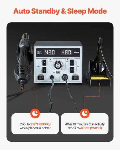 2-in-1 Heißluft-Löt- und Reparaturstation, 820 W, Digitalanzeige, 5-V-USB-Ladeanschluss, einstellbare Temperatur und Luftmenge, 3 Heißluftdüsen, 5 Lötspitzen