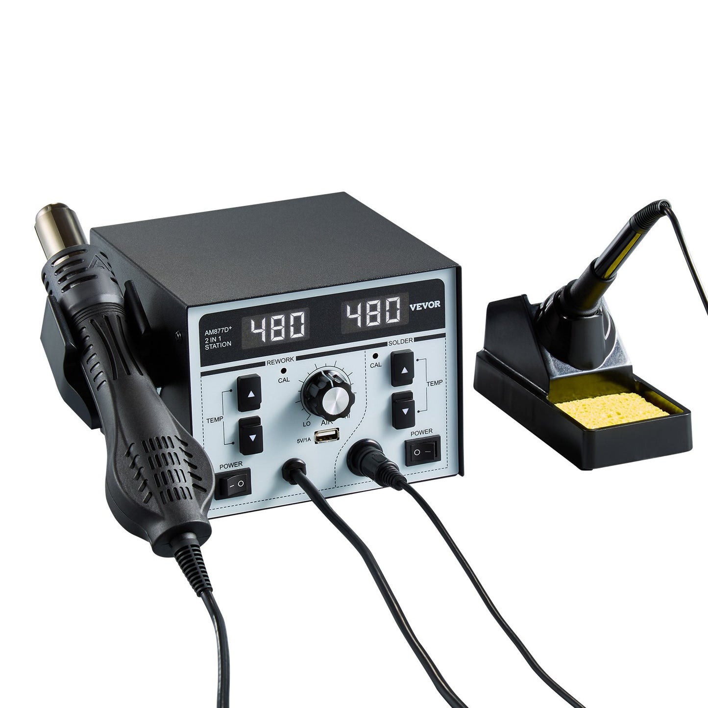 2-in-1 Heißluft-Löt- und Reparaturstation, 820 W, Digitalanzeige, 5-V-USB-Ladeanschluss, einstellbare Temperatur und Luftmenge, 3 Heißluftdüsen, 5 Lötspitzen