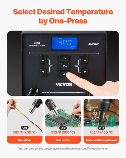 Hot Air Rework Station, 1000W Digital SMD Rework Station, 212℉-896℉ Hot Air Gun with 99-Level Adjustable Airflow, 3 Pre-Set Channels & 3 Hot Air Nozzles for Chip Dismantling, Electronics Repair