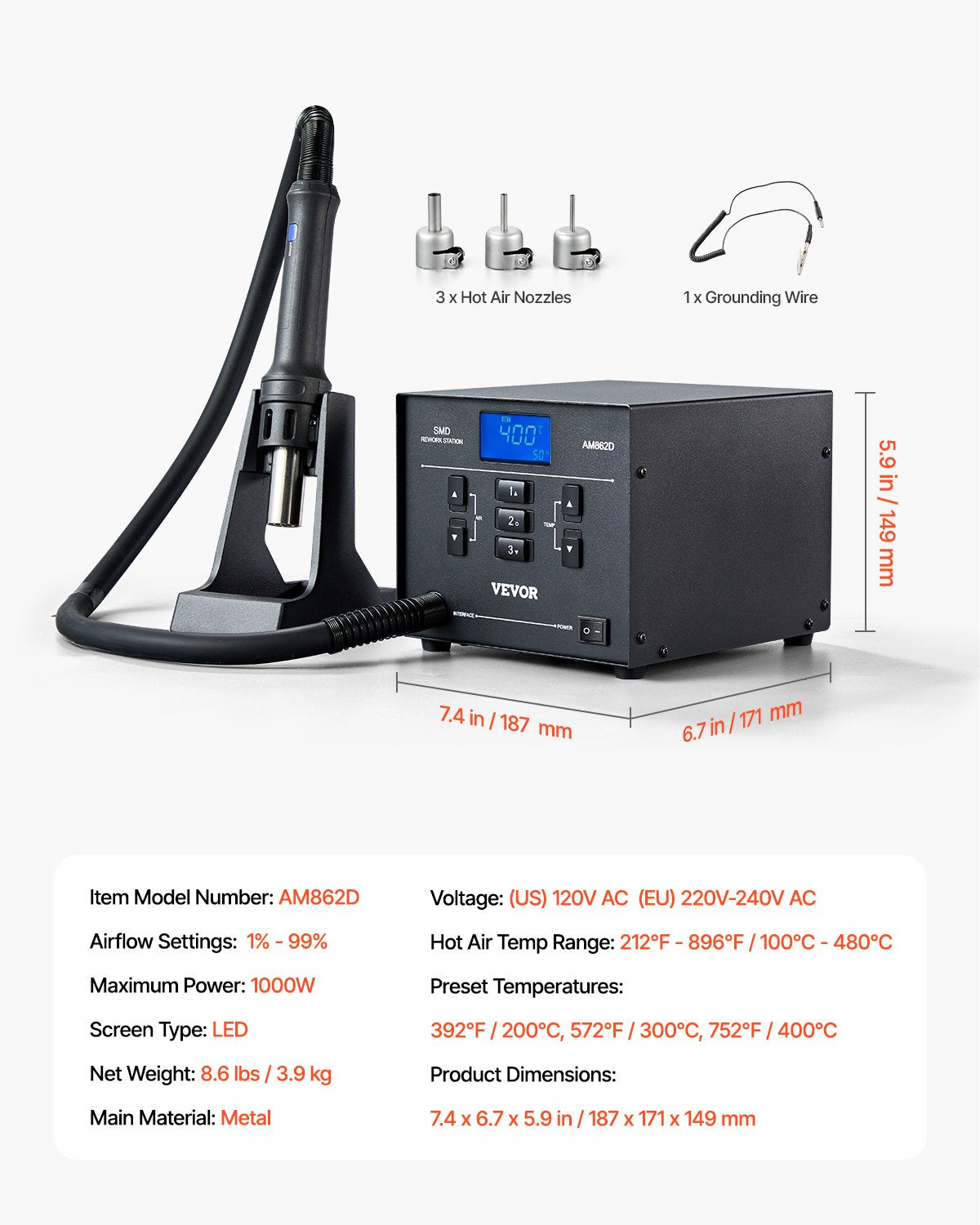 Hot Air Rework Station, 1000W Digital SMD Rework Station, 212℉-896℉ Hot Air Gun with 99-Level Adjustable Airflow, 3 Pre-Set Channels & 3 Hot Air Nozzles for Chip Dismantling, Electronics Repair