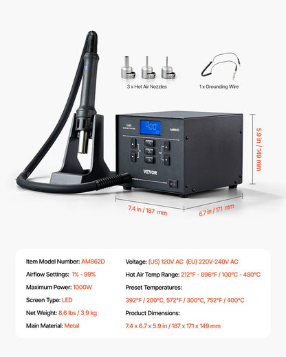 Hot Air Rework Station, 1000W Digital SMD Rework Station, 212℉-896℉ Hot Air Gun with 99-Level Adjustable Airflow, 3 Pre-Set Channels & 3 Hot Air Nozzles for Chip Dismantling, Electronics Repair