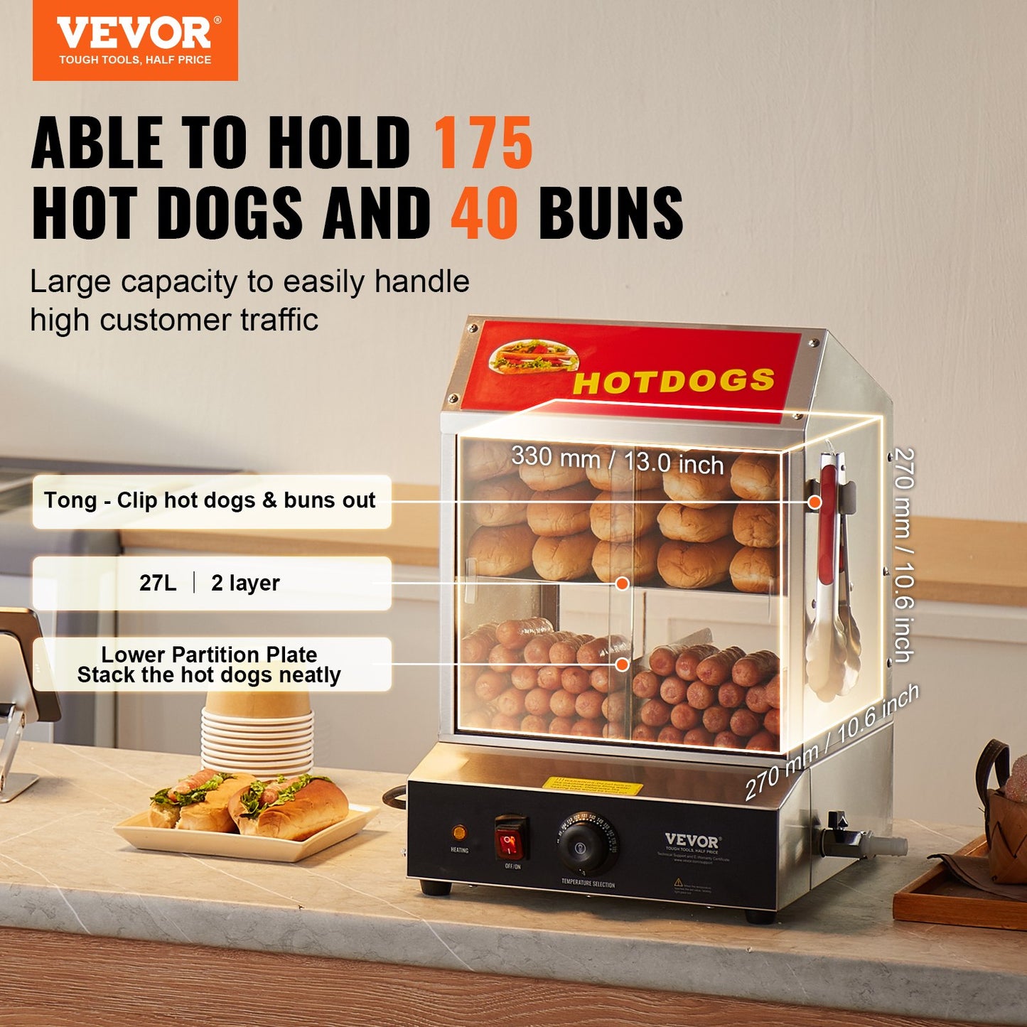 Hot Dog Steamer, 27L, 2-Tier Hot Dog Hut Steamer, 30℃~85℃ Temperature Control, Electric Bun Warmer with Tempered Glass Slide Doors Partition Plate Tong, Stainless Steel, for Hot Dogs & Buns