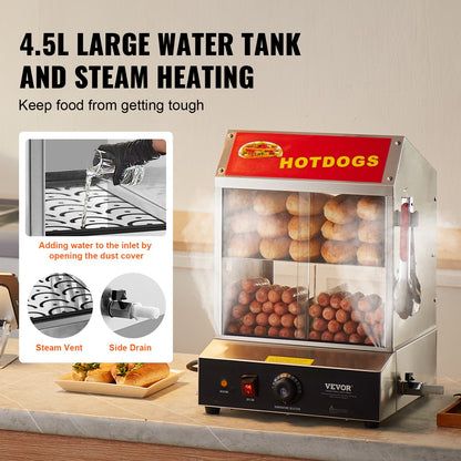 Hot Dog Steamer, 27L, 2-Tier Hot Dog Hut Steamer, 30℃~85℃ Temperature Control, Electric Bun Warmer with Tempered Glass Slide Doors Partition Plate Tong, Stainless Steel, for Hot Dogs & Buns