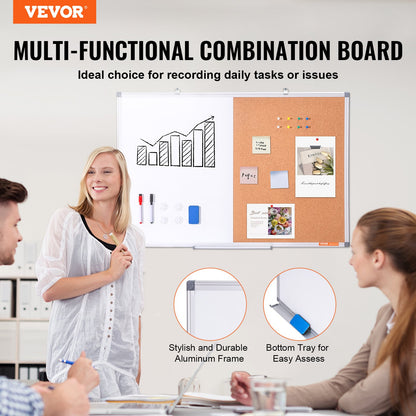 36"x 24" Whiteboard & Cork Board Combo with Aluminum Frame – 2-in-1 Magnetic Dry Erase Bulletin Board for Wall Mount – Ideal for School, Home, Office