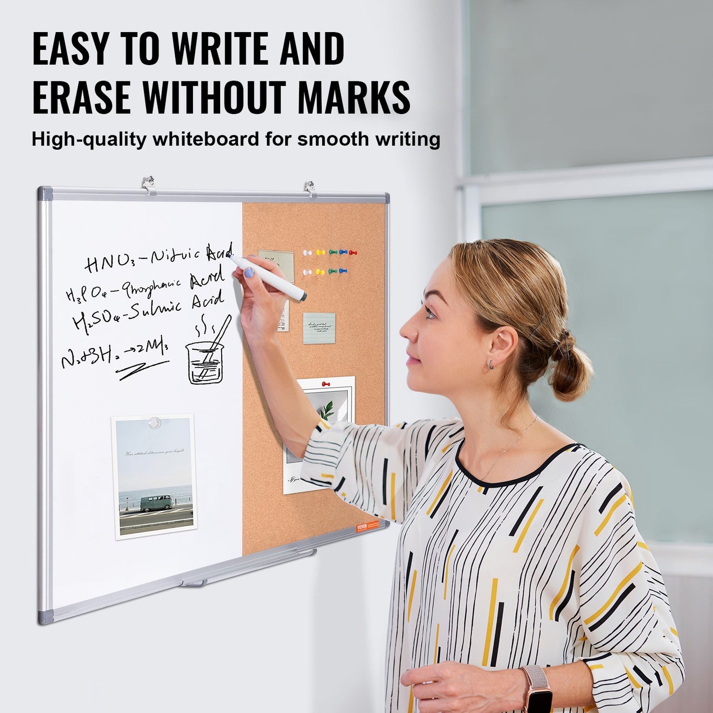 36"x 24" Whiteboard & Cork Board Combo with Aluminum Frame – 2-in-1 Magnetic Dry Erase Bulletin Board for Wall Mount – Ideal for School, Home, Office
