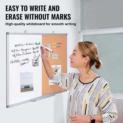 36"x 24" Whiteboard & Cork Board Combo with Aluminum Frame – 2-in-1 Magnetic Dry Erase Bulletin Board for Wall Mount – Ideal for School, Home, Office