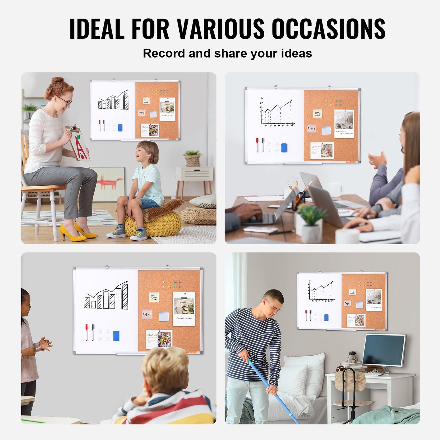 36"x 24" Whiteboard & Cork Board Combo with Aluminum Frame – 2-in-1 Magnetic Dry Erase Bulletin Board for Wall Mount – Ideal for School, Home, Office