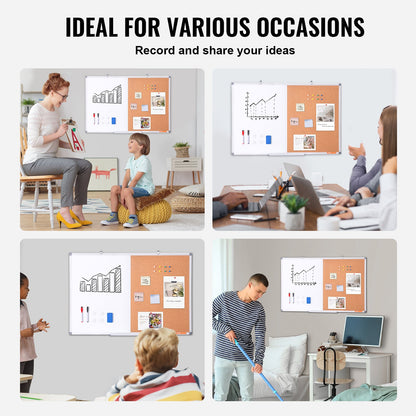 36"x 24" Whiteboard & Cork Board Combo with Aluminum Frame – 2-in-1 Magnetic Dry Erase Bulletin Board for Wall Mount – Ideal for School, Home, Office