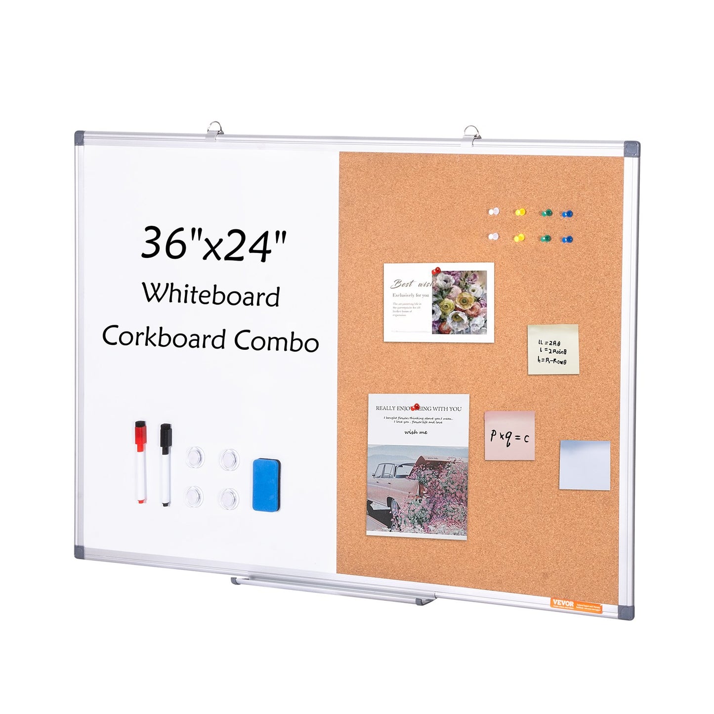 36"x 24" Whiteboard & Cork Board Combo with Aluminum Frame – 2-in-1 Magnetic Dry Erase Bulletin Board for Wall Mount – Ideal for School, Home, Office