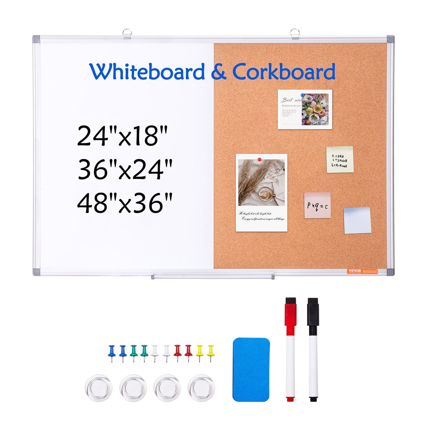 36"x 24" Whiteboard & Cork Board Combo with Aluminum Frame – 2-in-1 Magnetic Dry Erase Bulletin Board for Wall Mount – Ideal for School, Home, Office