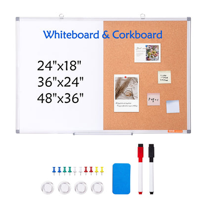 36"x 24" Whiteboard & Cork Board Combo with Aluminum Frame – 2-in-1 Magnetic Dry Erase Bulletin Board for Wall Mount – Ideal for School, Home, Office