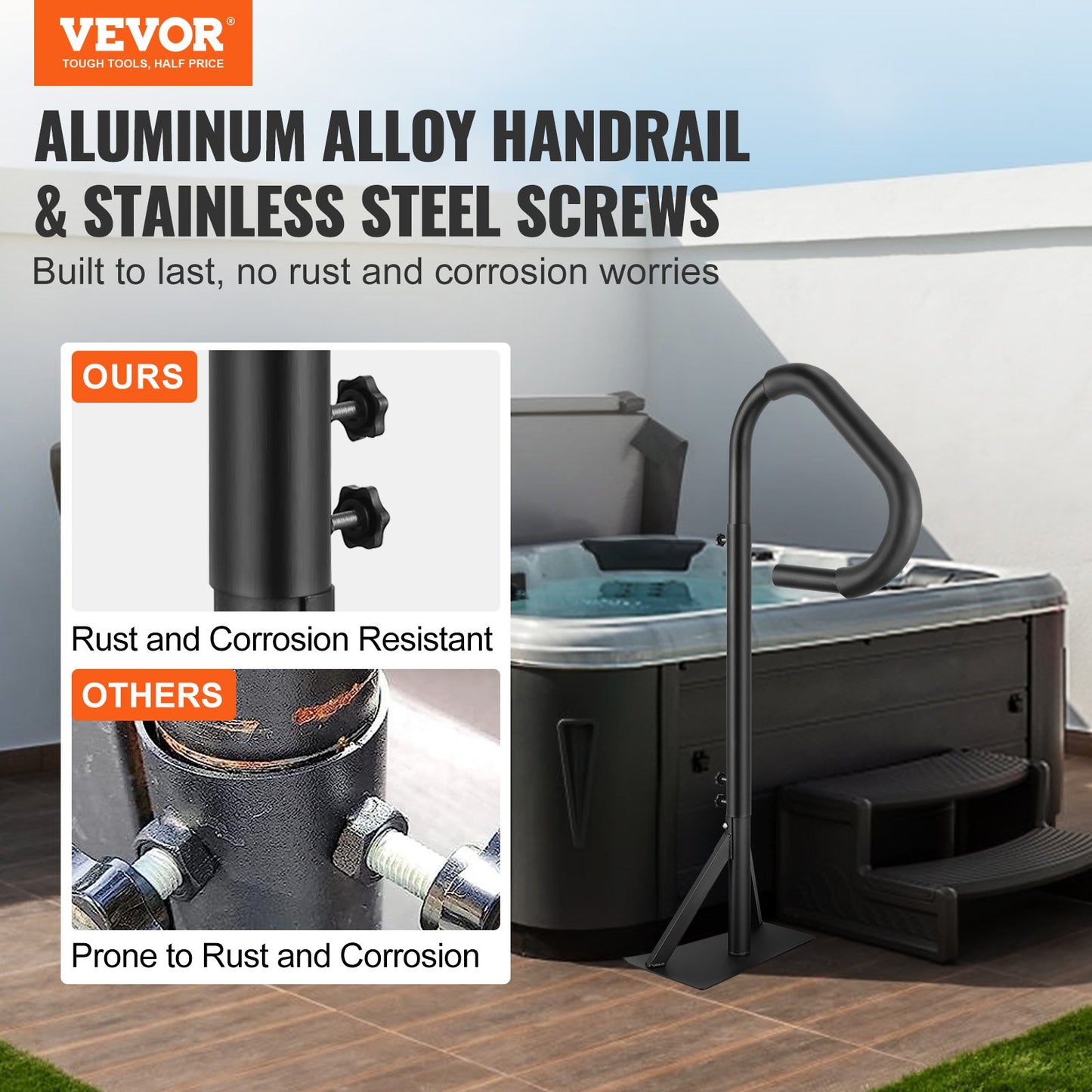 Whirlpool-Handlauf, 360° drehbarer Spa-Seitenhandlauf mit höhenverstellbarem Profil (122–160 cm), rostfreier Aluminium-Spa-Treppe, Whirlpool-Handlauf mit Schiebefuß für den Innen- und Außenbereich, Tragkraft: 272 kg