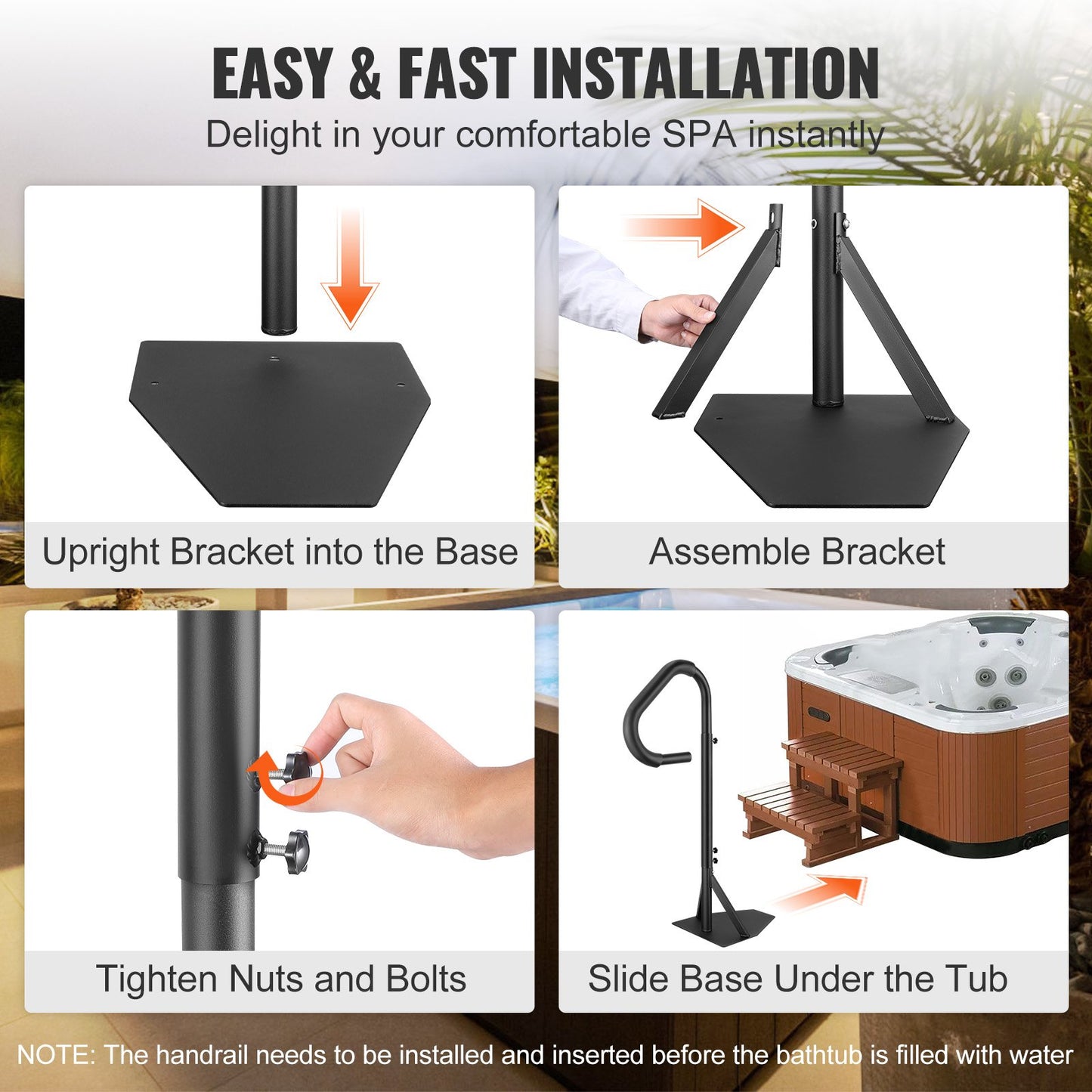 Whirlpool-Handlauf, 360° drehbarer Spa-Seitenhandlauf mit höhenverstellbarem Profil (122–160 cm), rostfreier Aluminium-Spa-Treppe, Whirlpool-Handlauf mit Schiebefuß für den Innen- und Außenbereich, Tragkraft: 272 kg