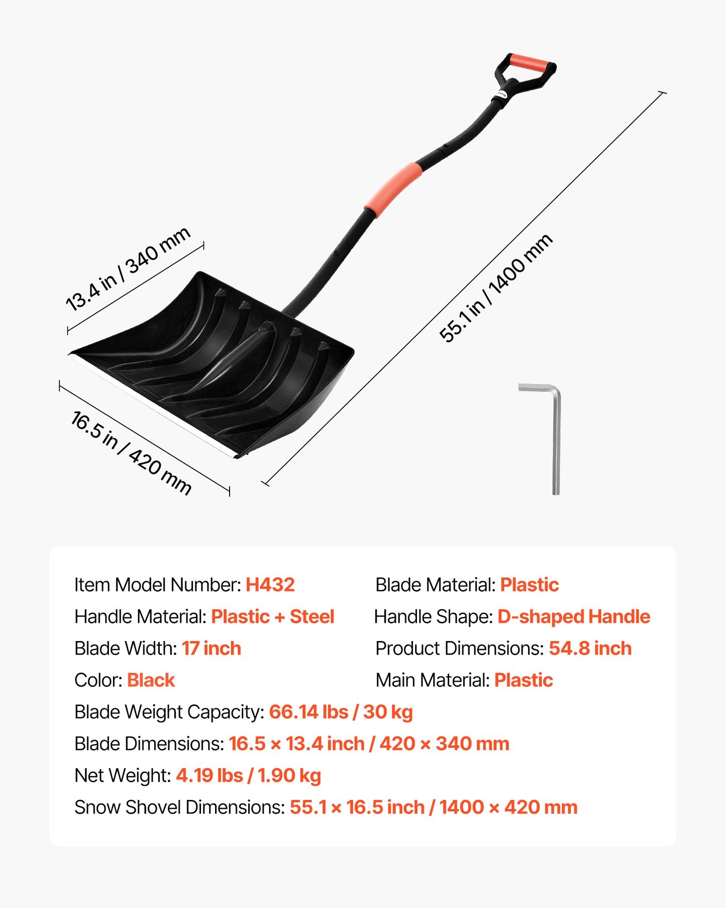 Schneeschaufel für die Einfahrt, 42 cm breite Schneeschaufel mit D-förmigen Griffen und Aluminiumblatt, Schneeschaufel mit großem Fassungsvermögen, leichtes Schneeräumgerät für Garten, Auto, Camping und Outdoor-Aktivitäten