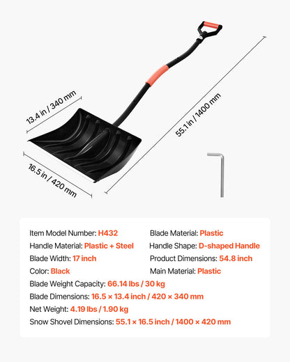 Schneeschaufel für die Einfahrt, 42 cm breite Schneeschaufel mit D-förmigen Griffen und Aluminiumblatt, Schneeschaufel mit großem Fassungsvermögen, leichtes Schneeräumgerät für Garten, Auto, Camping und Outdoor-Aktivitäten