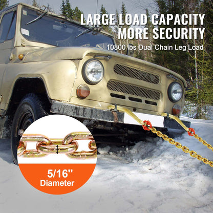 G80 V Bridle Chain, 5/16" x 2' Towing Chain Bridle with 15" J Hooks and Grab Hooks, Heavy Duty Transport Tow Chain Bridle with 10800 lbs Safe Working Load for Flatbed Truck Wrecker Recovery