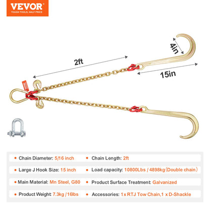 G80 V Bridle Chain, 5/16" x 2' Towing Chain Bridle with 15" J Hooks and Grab Hooks, Heavy Duty Transport Tow Chain Bridle with 10800 lbs Safe Working Load for Flatbed Truck Wrecker Recovery