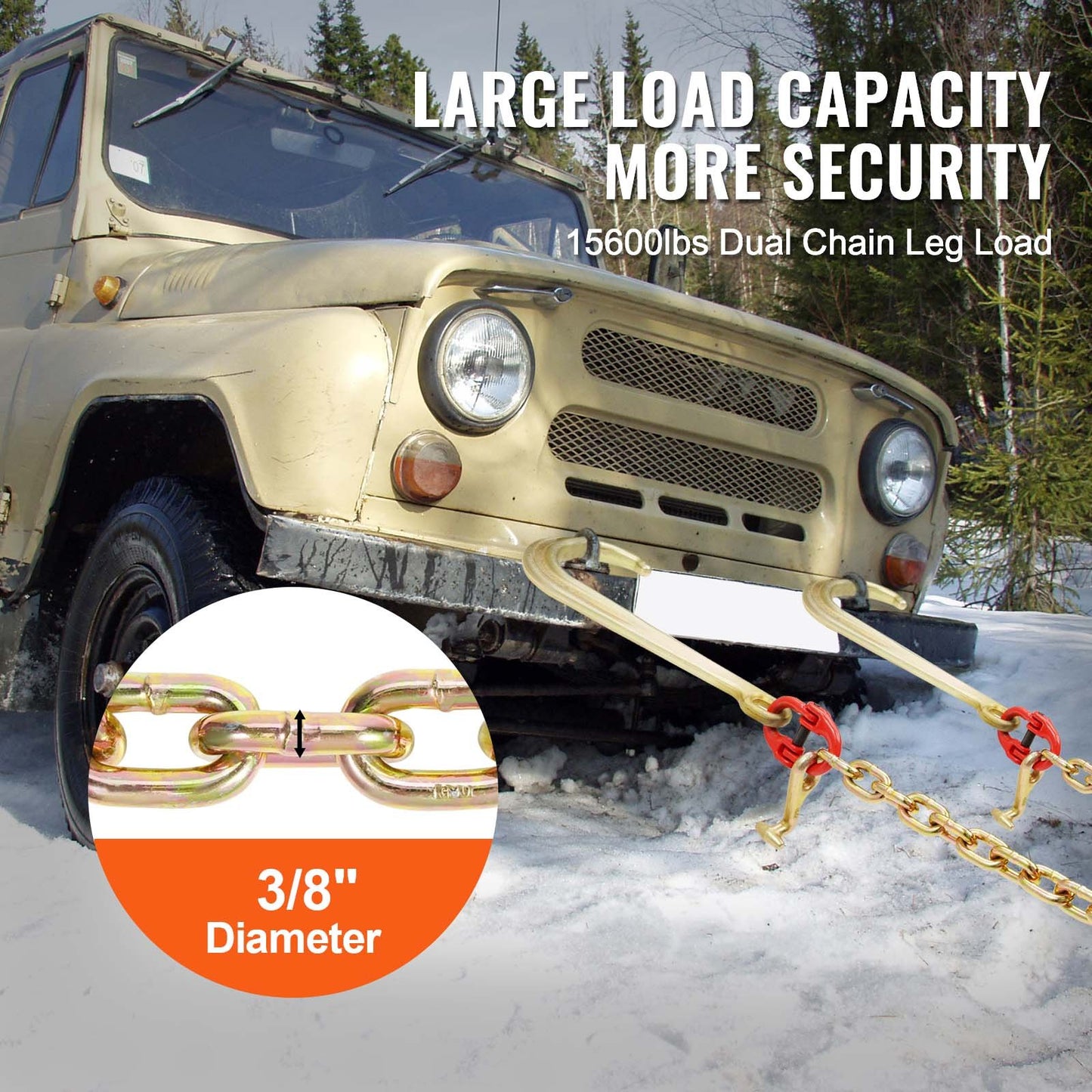 G80 V Bridle Chain, 3/8" x 2' Towing Chain Bridle with 15" J Hooks, T Hooks & Grab Hooks, Heavy Duty Transport Tow Chain Bridle with 7800 lbs Safe Working Load for Flatbed Truck Wrecker Recovery