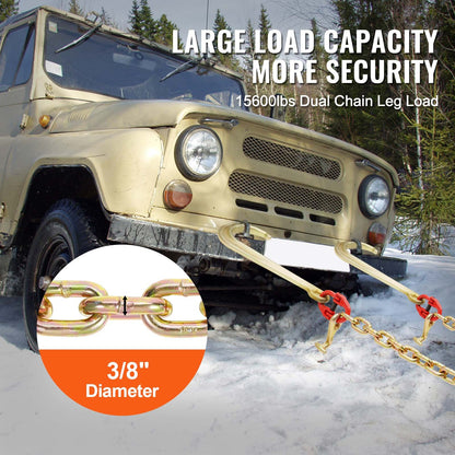 G80 V Bridle Chain, 3/8" x 2' Towing Chain Bridle with 15" J Hooks, T Hooks & Grab Hooks, Heavy Duty Transport Tow Chain Bridle with 7800 lbs Safe Working Load for Flatbed Truck Wrecker Recovery