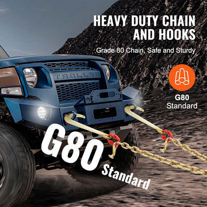 G80 V Bridle Chain, 3/8" x 2' Towing Chain Bridle with 15" J Hooks, T Hooks & Grab Hooks, Heavy Duty Transport Tow Chain Bridle with 7800 lbs Safe Working Load for Flatbed Truck Wrecker Recovery