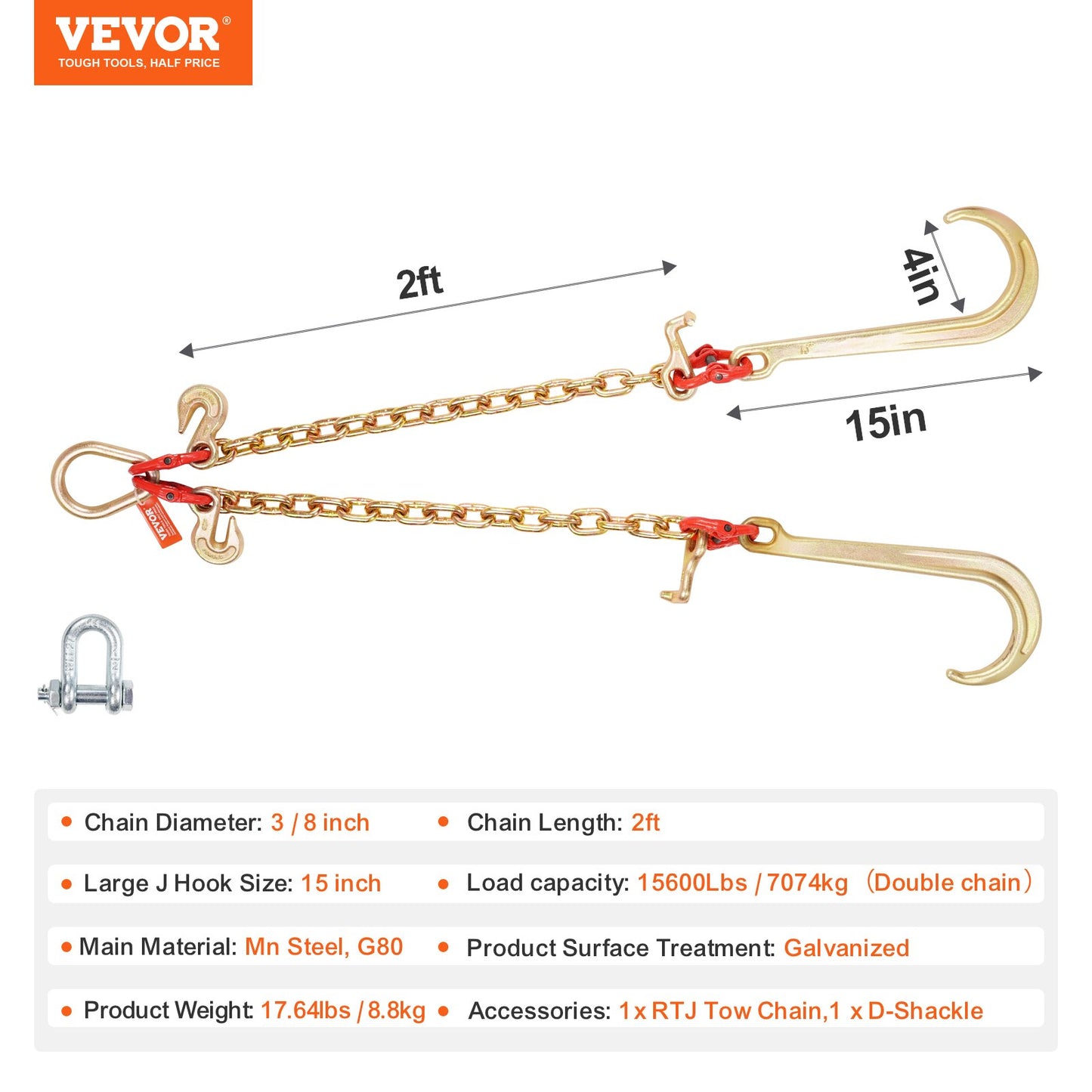 G80 V Bridle Chain, 3/8" x 2' Towing Chain Bridle with 15" J Hooks, T Hooks & Grab Hooks, Heavy Duty Transport Tow Chain Bridle with 7800 lbs Safe Working Load for Flatbed Truck Wrecker Recovery