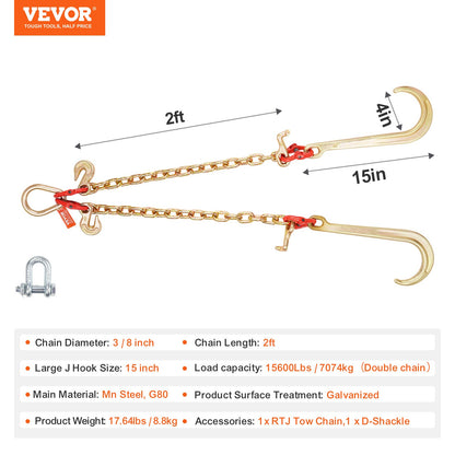 G80 V Bridle Chain, 3/8" x 2' Towing Chain Bridle with 15" J Hooks, T Hooks & Grab Hooks, Heavy Duty Transport Tow Chain Bridle with 7800 lbs Safe Working Load for Flatbed Truck Wrecker Recovery