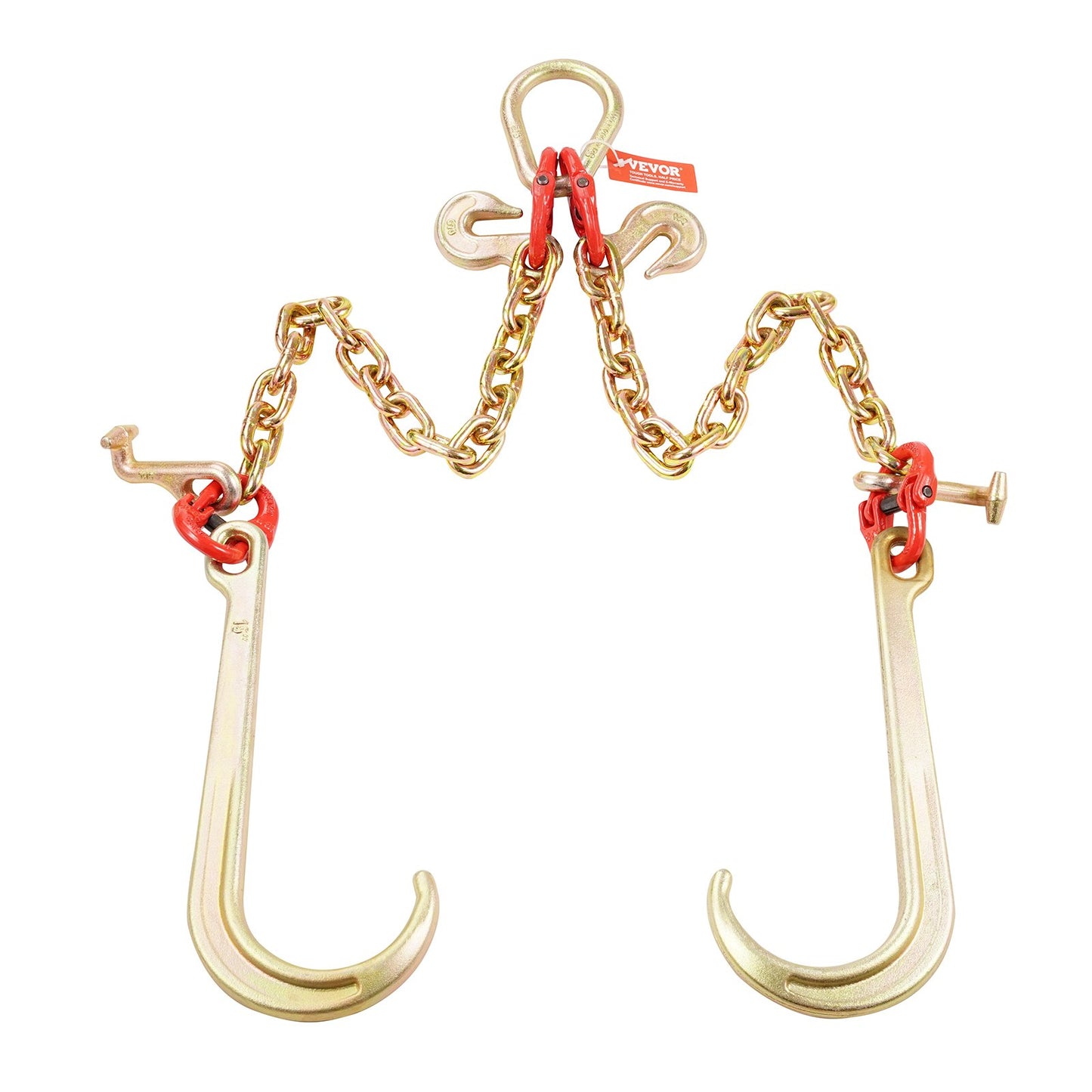 G80 V Bridle Chain, 3/8" x 2' Towing Chain Bridle with 15" J Hooks, T Hooks & Grab Hooks, Heavy Duty Transport Tow Chain Bridle with 7800 lbs Safe Working Load for Flatbed Truck Wrecker Recovery