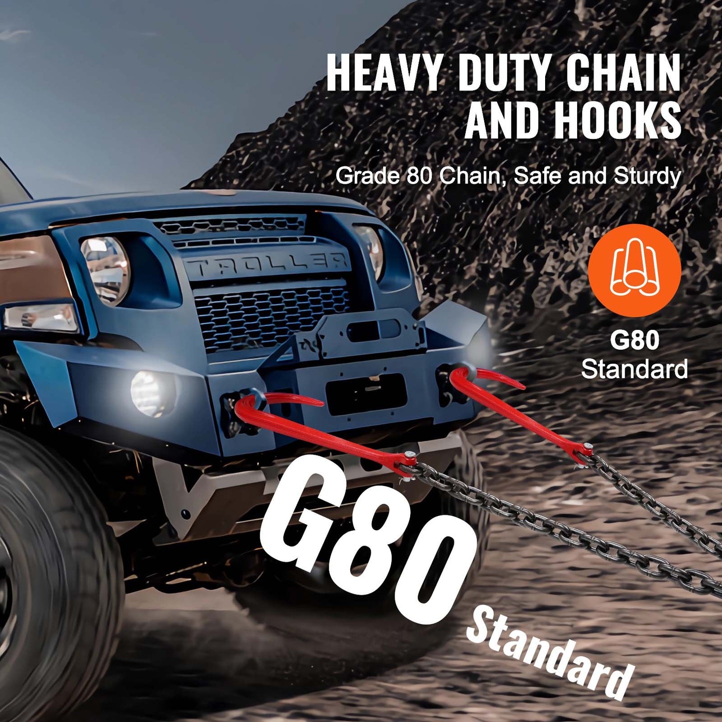 G80 V Bridle Chain, 3/8" x 3' Towing Chain Bridle with 15" J Hooks and Grab Hooks, Heavy Duty Transport Tow Chain Bridle with 7800 lbs Safe Working Load for Flatbed Trailer Wrecker Recovery