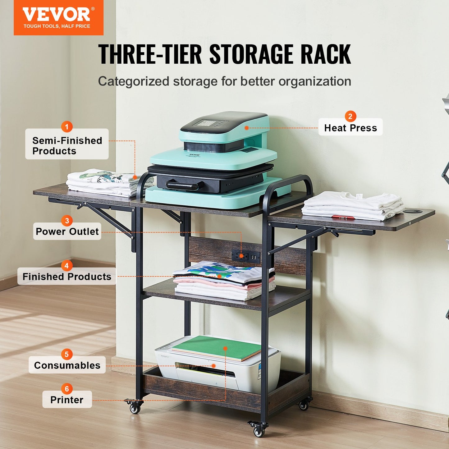Heat Press Table with Charging Station, 3 Tier Movable Heat Press Stand, Foldable Heat Transfer Machine Stand with Wheels, Rolling Metal Workbench for Sublimation Transfer Machine, Brown