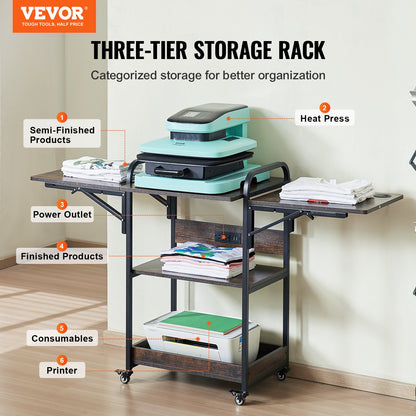 Heat Press Table with Charging Station, 3 Tier Movable Heat Press Stand, Foldable Heat Transfer Machine Stand with Wheels, Rolling Metal Workbench for Sublimation Transfer Machine, Brown