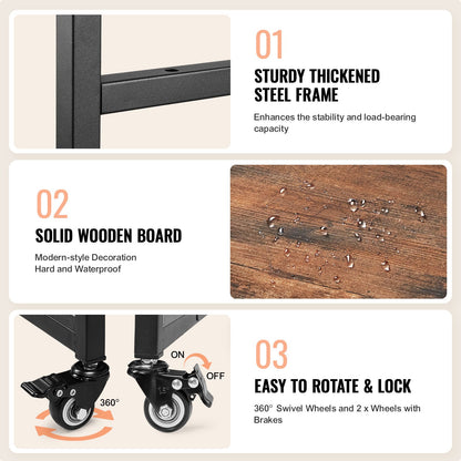 Heat Press Table with Charging Station, 3 Tier Movable Heat Press Stand, Foldable Heat Transfer Machine Stand with Wheels, Rolling Metal Workbench for Sublimation Transfer Machine, Brown