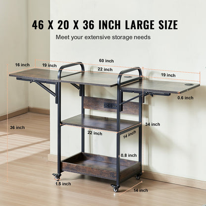 Heat Press Table with Charging Station, 3 Tier Movable Heat Press Stand, Foldable Heat Transfer Machine Stand with Wheels, Rolling Metal Workbench for Sublimation Transfer Machine, Brown