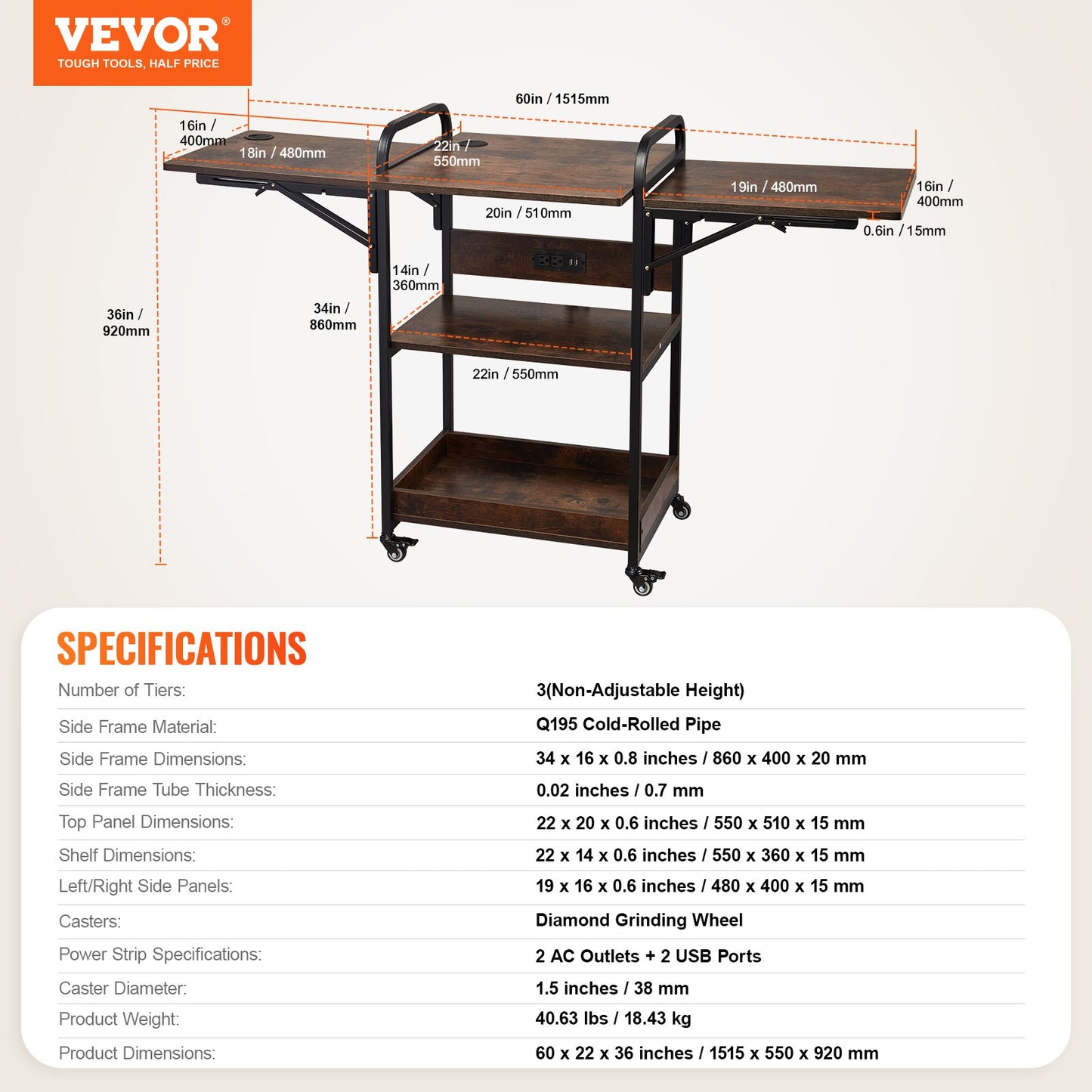 Heat Press Table with Charging Station, 3 Tier Movable Heat Press Stand, Foldable Heat Transfer Machine Stand with Wheels, Rolling Metal Workbench for Sublimation Transfer Machine, Brown