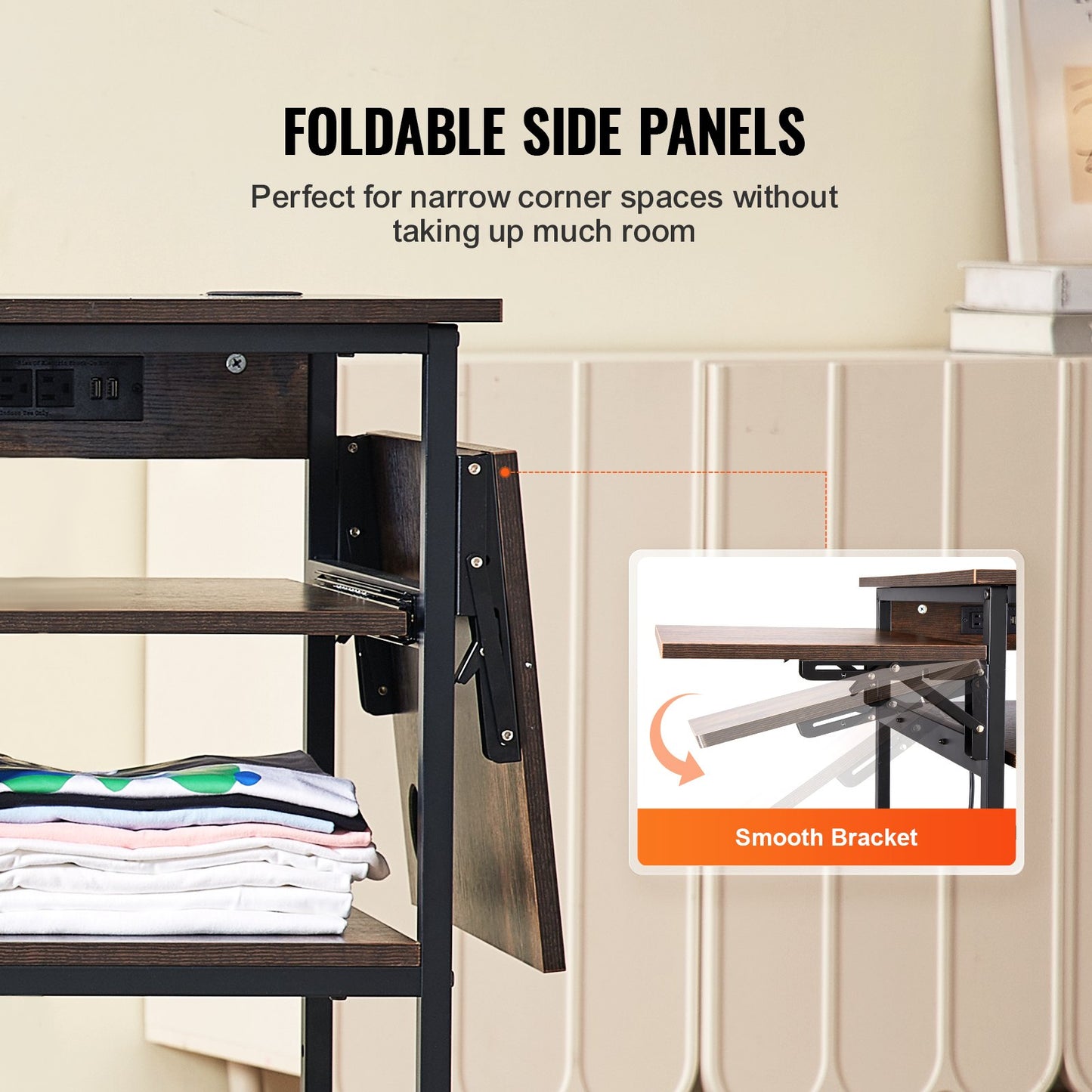 Transferpresstisch mit Ladestation, 4-stufiger, fahrbarer Transferpressenständer, klappbarer Transfermaschinenständer mit Rollen, rollbare Metallwerkbank für Sublimationstransfermaschinen, Braun