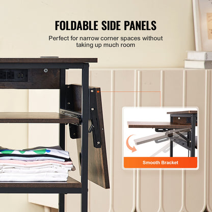 Transferpresstisch mit Ladestation, 4-stufiger, fahrbarer Transferpressenständer, klappbarer Transfermaschinenständer mit Rollen, rollbare Metallwerkbank für Sublimationstransfermaschinen, Braun