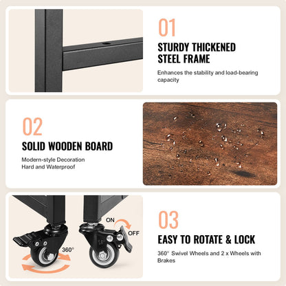 Transferpresstisch mit Ladestation, 4-stufiger, fahrbarer Transferpressenständer, klappbarer Transfermaschinenständer mit Rollen, rollbare Metallwerkbank für Sublimationstransfermaschinen, Braun