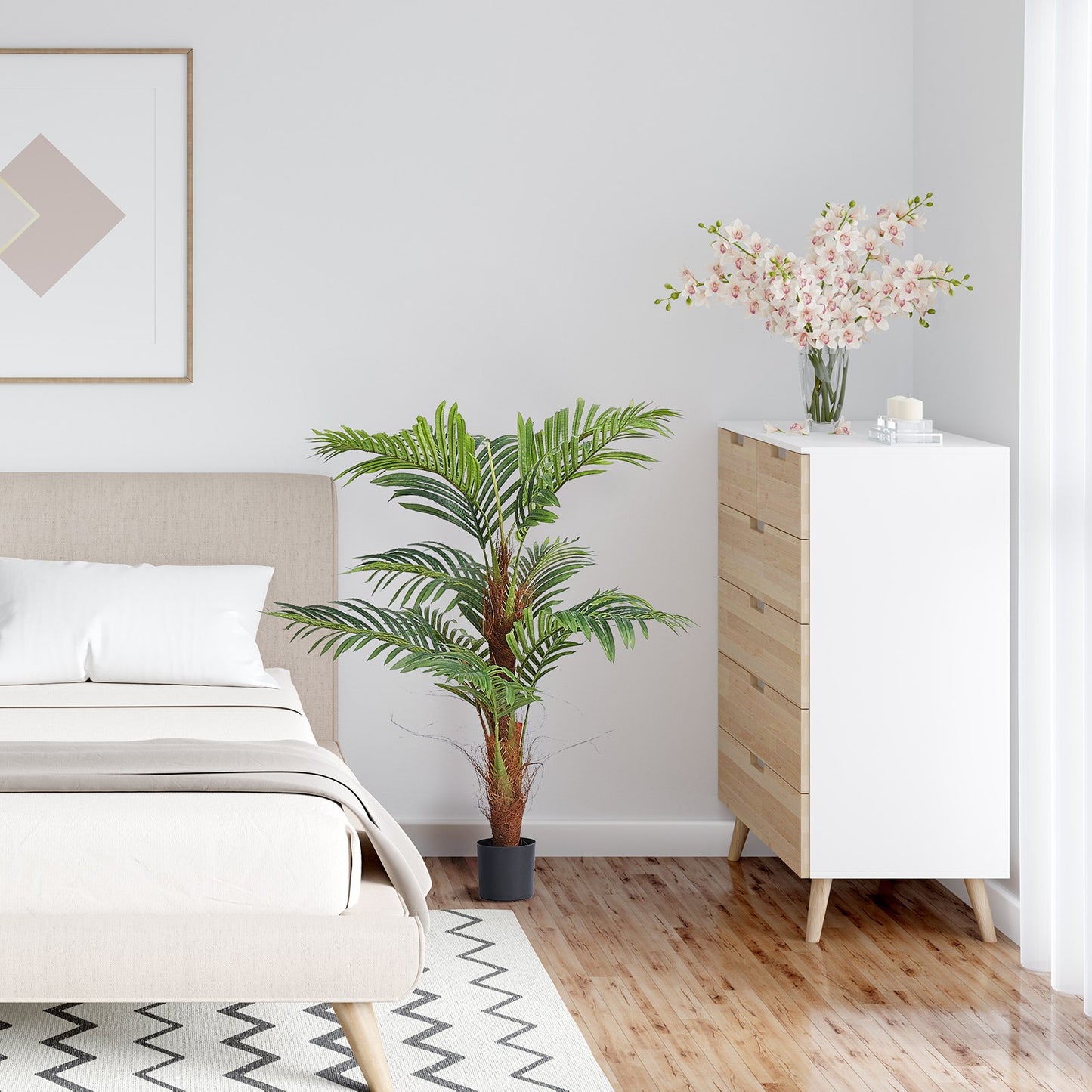 Artificial Palm Tree, 4 FT Tall Faux Plant, Secure PE Material & Anti-Tip Tilt Protection Low-Maintenance Plant, Lifelike Green Fake Tree for Home Office Warehouse Decor Indoor Outdoor