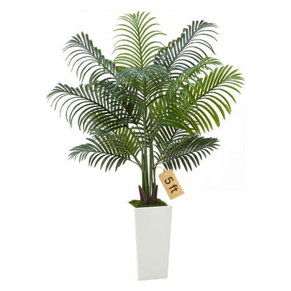 Künstliche Areca-Palme, 1524 mm, künstliche tropische Palme mit hohem, weißem Übertopf, künstliche Bodenpflanze aus Seide im Topf, große Bäume für die Dekoration von Zuhause, Büro, Wohnzimmer, Einweihungsparty, für drinnen und draußen