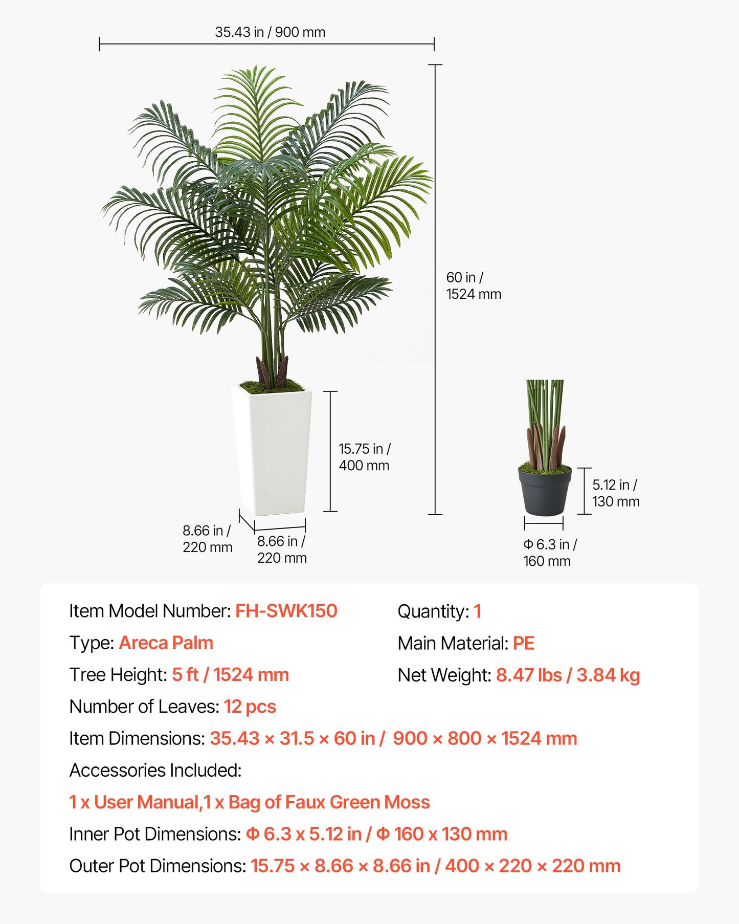 Künstliche Areca-Palme, 1524 mm, künstliche tropische Palme mit hohem, weißem Übertopf, künstliche Bodenpflanze aus Seide im Topf, große Bäume für die Dekoration von Zuhause, Büro, Wohnzimmer, Einweihungsparty, für drinnen und draußen