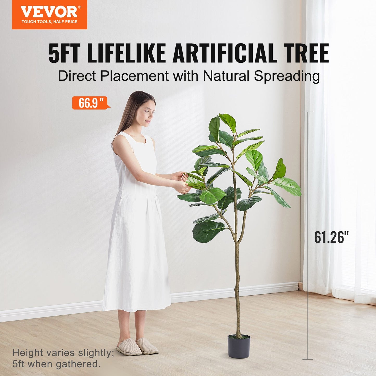 Artificial Fiddle Leaf Fig Tree, 5 FT, Secure PE Material & Anti-Tip Tilt Protection Low-Maintenance Faux Plant, Lifelike Green Fake Potted Tree for Home Office Warehouse Decor Indoor Outdoor