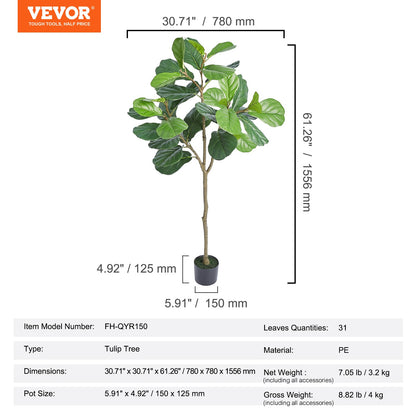 Artificial Fiddle Leaf Fig Tree, 5 FT, Secure PE Material & Anti-Tip Tilt Protection Low-Maintenance Faux Plant, Lifelike Green Fake Potted Tree for Home Office Warehouse Decor Indoor Outdoor
