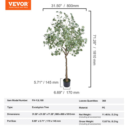 Artificial Eucalyptus Tree, 1.8 m Tall Faux Plant, Secure PE Material & Anti-Tip Tilt Protection Low-Maintenance Plant, Lifelike Green Fake Potted Tree for Home Office Decor Indoor Outdoor