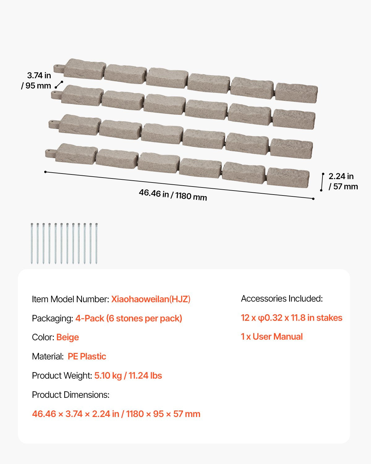 Faux Stone Landscape Edging, 46.4 x 2.2 in Realistic Lawn Edging, Flexible Brick-Sized Garden Edging Border with Anchoring Spikes, Fade-Resistant Yard Edging for Driveways Walkway Beige